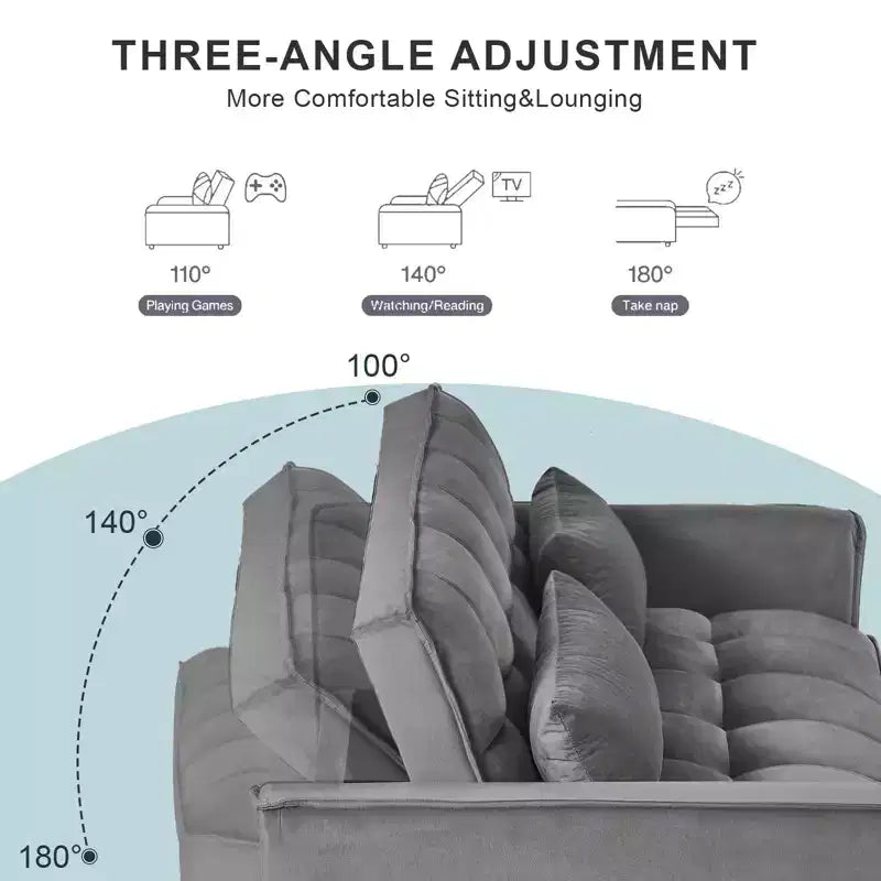 Canapé-lit convertible 3 en 1, futon deux places en velours escamotable avec oreillers - Gris foncé
