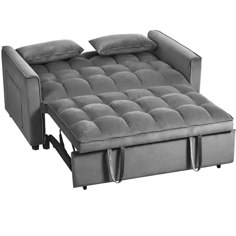 Canapé-lit convertible 3 en 1, futon deux places en velours escamotable avec oreillers - Gris foncé