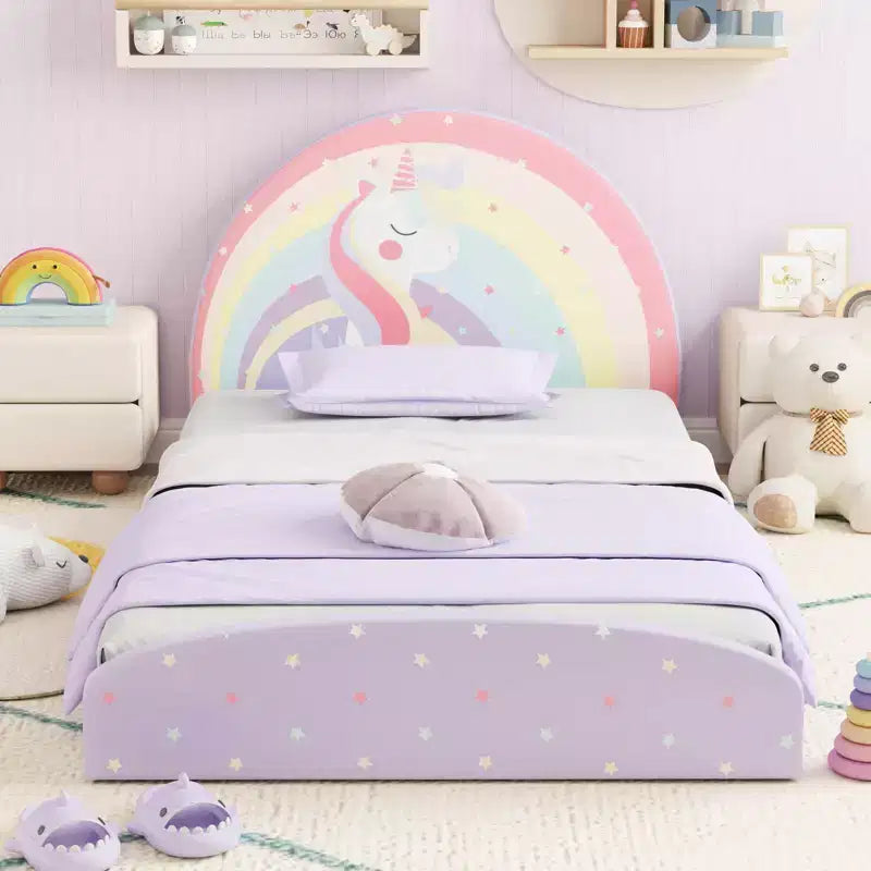 Cadre de lit double au sol avec tapis en tissu Oxford - Enfant, Violet/Bleu