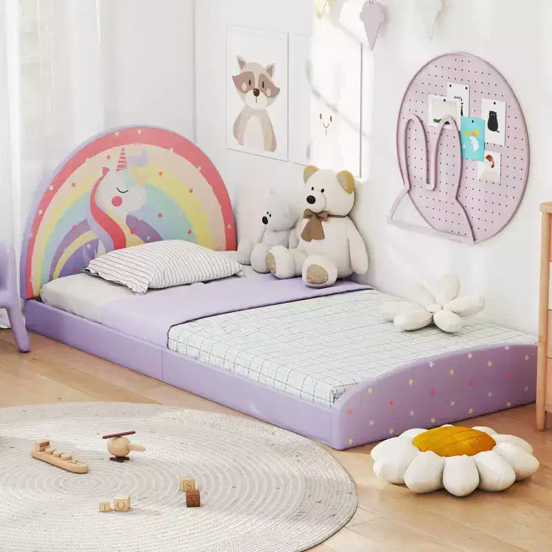 Cadre de lit double au sol avec tapis en tissu Oxford - Enfant, Violet/Bleu