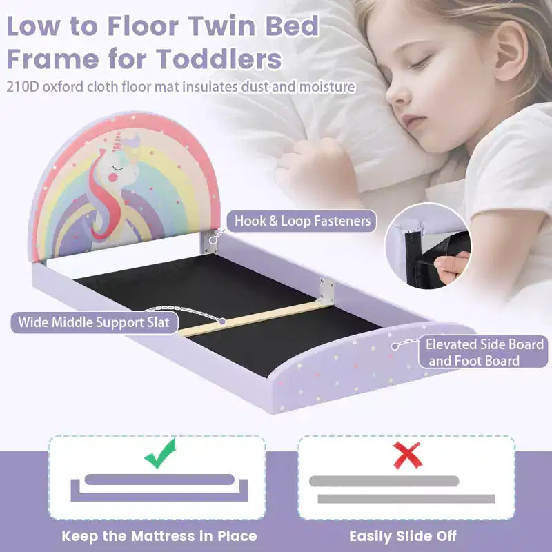 Cadre de lit double au sol avec tapis en tissu Oxford - Enfant, Violet/Bleu