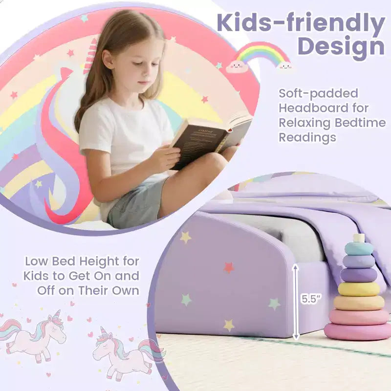 Cadre de lit double au sol avec tapis en tissu Oxford - Enfant, Violet/Bleu