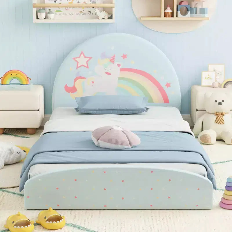 Cadre de lit double au sol avec tapis en tissu Oxford - Enfant, Violet/Bleu