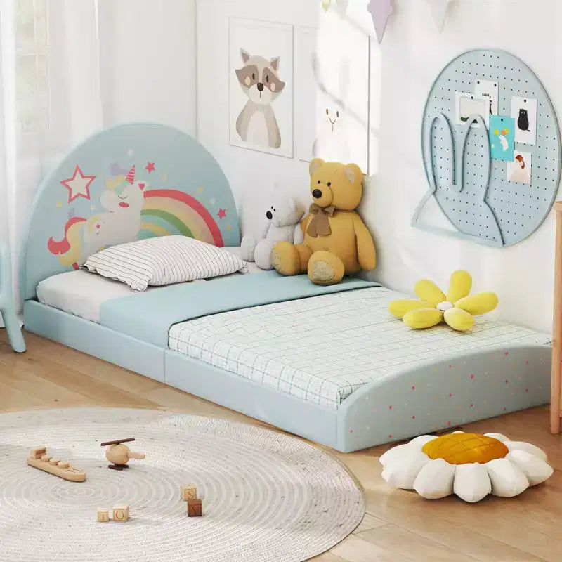 Cadre de lit double au sol avec tapis en tissu Oxford - Enfant, Violet/Bleu