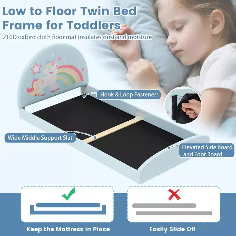 Cadre de lit double au sol avec tapis en tissu Oxford - Enfant, Violet/Bleu