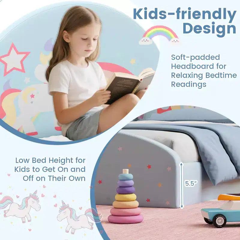 Cadre de lit double au sol avec tapis en tissu Oxford - Enfant, Violet/Bleu