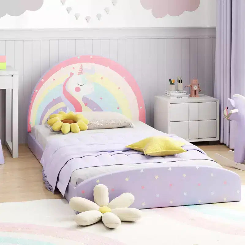 Cadre de lit double au sol avec tapis en tissu Oxford - Enfant, Violet/Bleu