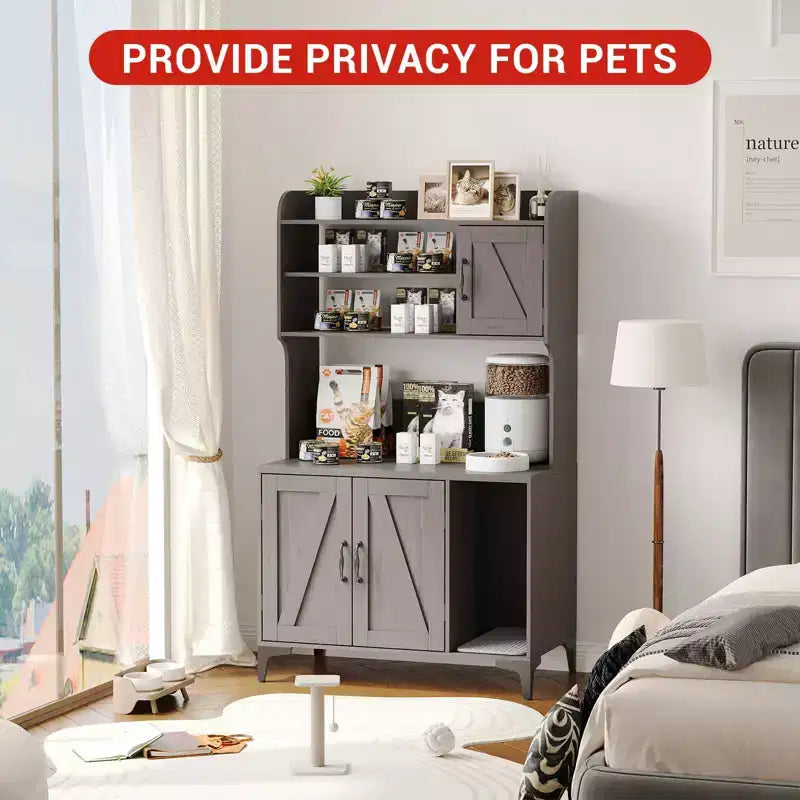Meuble cache litière pour grand chat avec 3 étagères ouvertes, maison de toilettage style ferme avec armoire de rangement et tapis à griffer