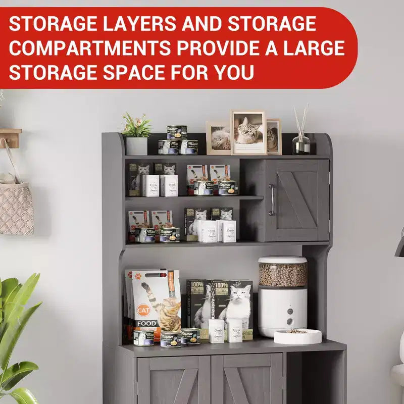 Meuble cache litière pour grand chat avec 3 étagères ouvertes, maison de toilettage style ferme avec armoire de rangement et tapis à griffer