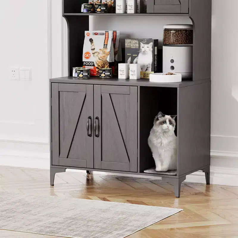 Meuble cache litière pour grand chat avec 3 étagères ouvertes, maison de toilettage style ferme avec armoire de rangement et tapis à griffer