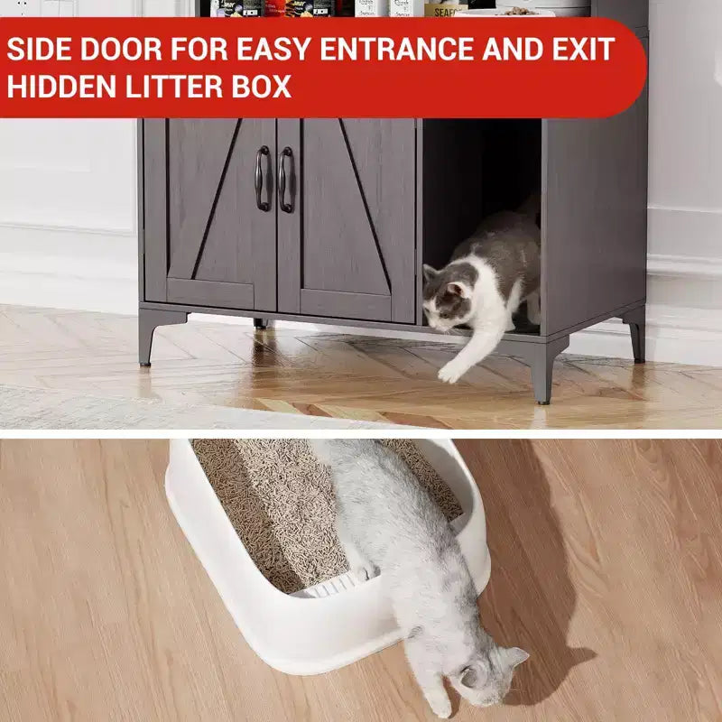 Meuble cache litière pour grand chat avec 3 étagères ouvertes, maison de toilettage style ferme avec armoire de rangement et tapis à griffer