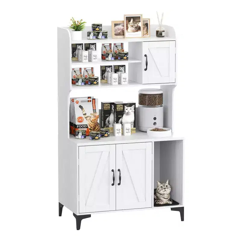 Meuble cache litière pour grand chat avec 3 étagères ouvertes, maison de toilettage style ferme avec armoire de rangement et tapis à griffer