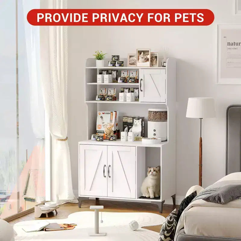 Meuble cache litière pour grand chat avec 3 étagères ouvertes, maison de toilettage style ferme avec armoire de rangement et tapis à griffer