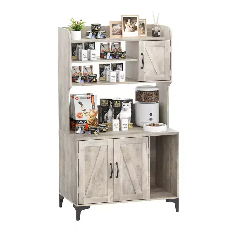 Meuble cache litière pour grand chat avec 3 étagères ouvertes, maison de toilettage style ferme avec armoire de rangement et tapis à griffer