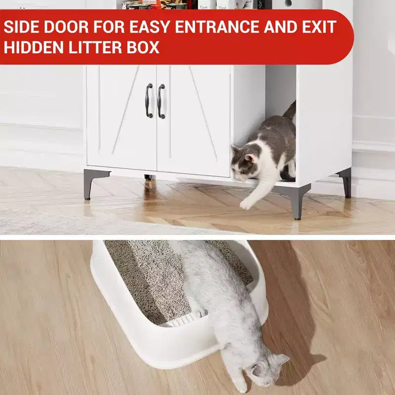 Meuble cache litière pour grand chat avec 3 étagères ouvertes, maison de toilettage style ferme avec armoire de rangement et tapis à griffer