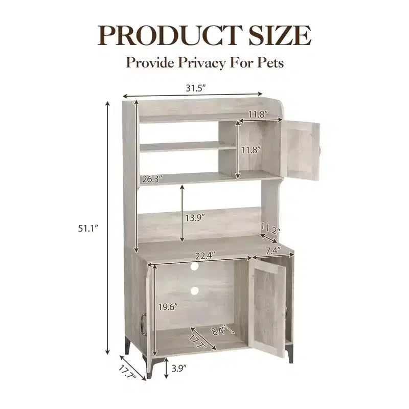 Meuble cache litière pour grand chat avec 3 étagères ouvertes, maison de toilettage style ferme avec armoire de rangement et tapis à griffer