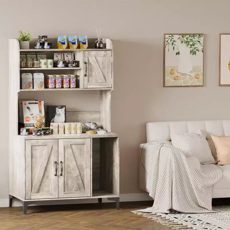 Meuble cache litière pour grand chat avec 3 étagères ouvertes, maison de toilettage style ferme avec armoire de rangement et tapis à griffer