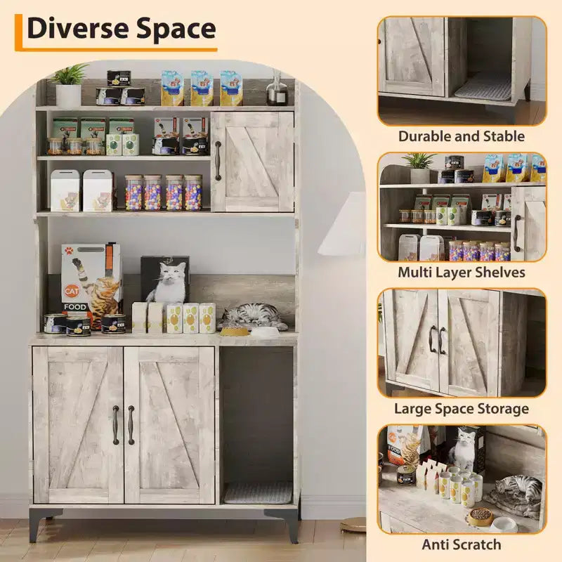 Meuble cache litière pour grand chat avec 3 étagères ouvertes, maison de toilettage style ferme avec armoire de rangement et tapis à griffer