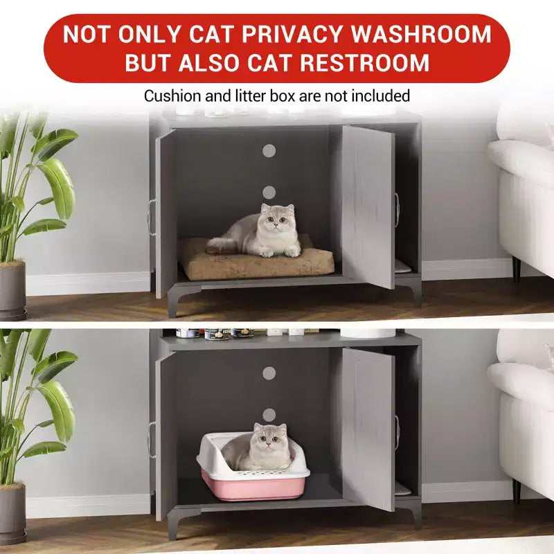 Meuble cache litière pour grand chat avec 3 étagères ouvertes, maison de toilettage style ferme avec armoire de rangement et tapis à griffer