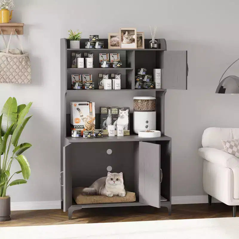Meuble cache litière pour grand chat avec 3 étagères ouvertes, maison de toilettage style ferme avec armoire de rangement et tapis à griffer