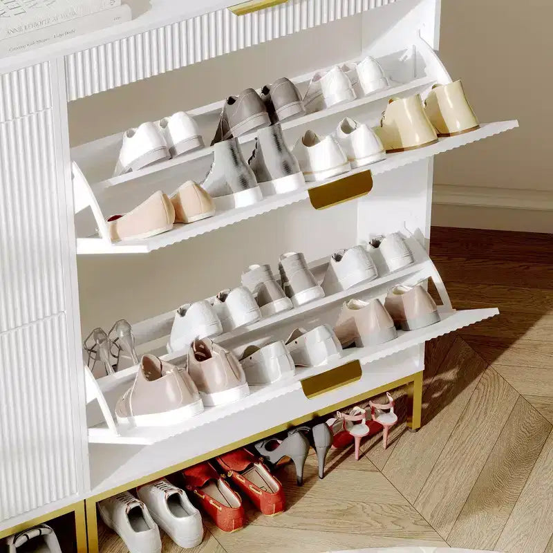 Meuble à chaussures de rangement pour entrée, meuble à chaussures basculant avec 2 tiroirs abattants et panneau cannelé, étagère à chaussures étroite pour salon
