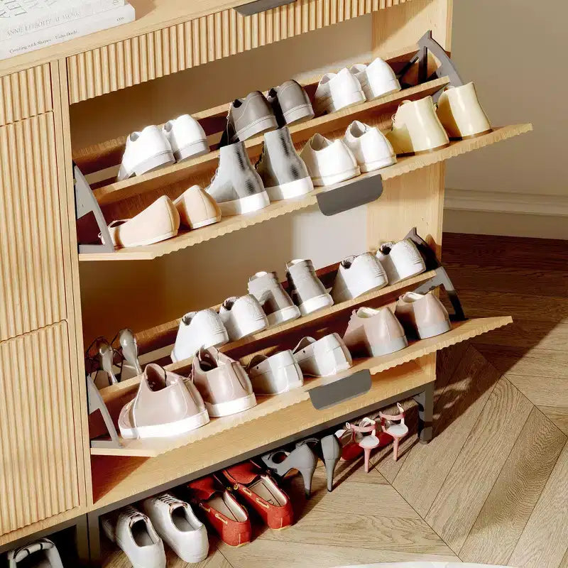 Meuble à chaussures de rangement pour entrée, meuble à chaussures basculant avec 2 tiroirs abattants et panneau cannelé, étagère à chaussures étroite pour salon