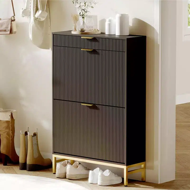 Meuble à chaussures de rangement pour entrée, meuble à chaussures basculant avec 2 tiroirs abattants et panneau cannelé, étagère à chaussures étroite pour salon