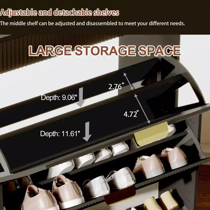 Meuble à chaussures de rangement pour entrée, meuble à chaussures basculant avec 2 tiroirs abattants et panneau cannelé, étagère à chaussures étroite pour salon