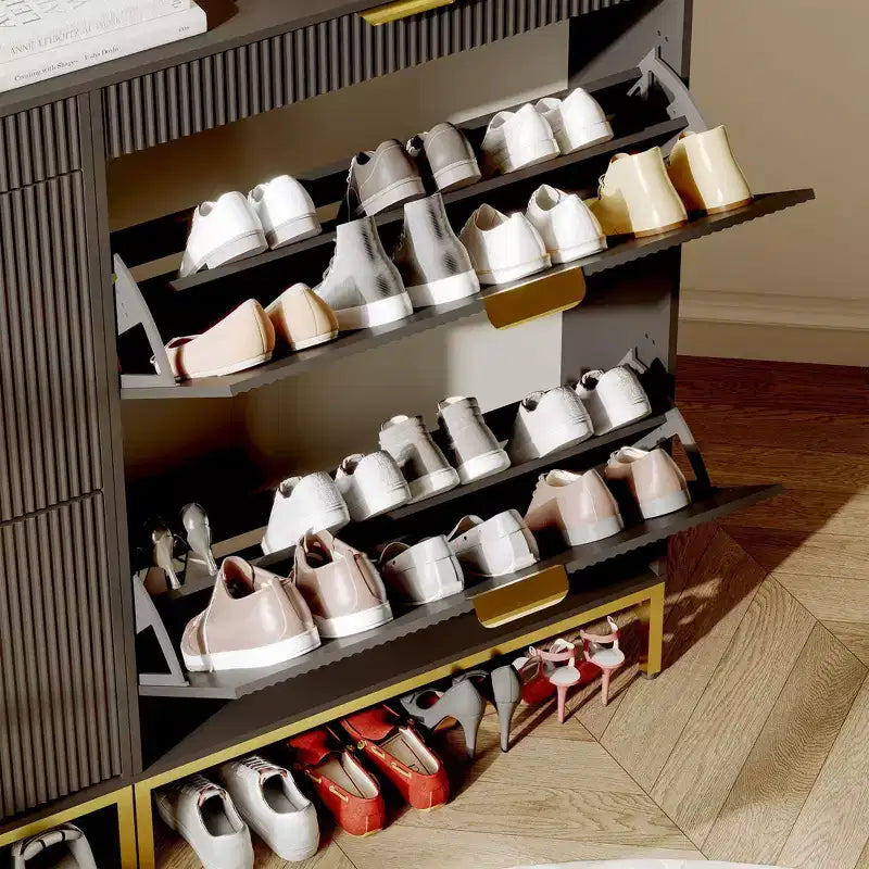 Meuble à chaussures de rangement pour entrée, meuble à chaussures basculant avec 2 tiroirs abattants et panneau cannelé, étagère à chaussures étroite pour salon