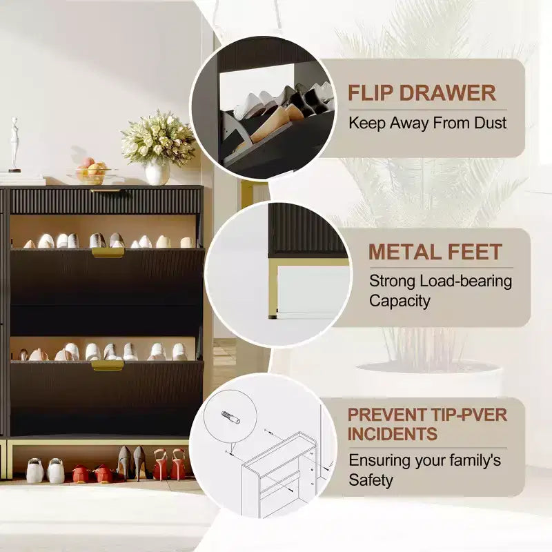Meuble à chaussures de rangement pour entrée, meuble à chaussures basculant avec 2 tiroirs abattants et panneau cannelé, étagère à chaussures étroite pour salon