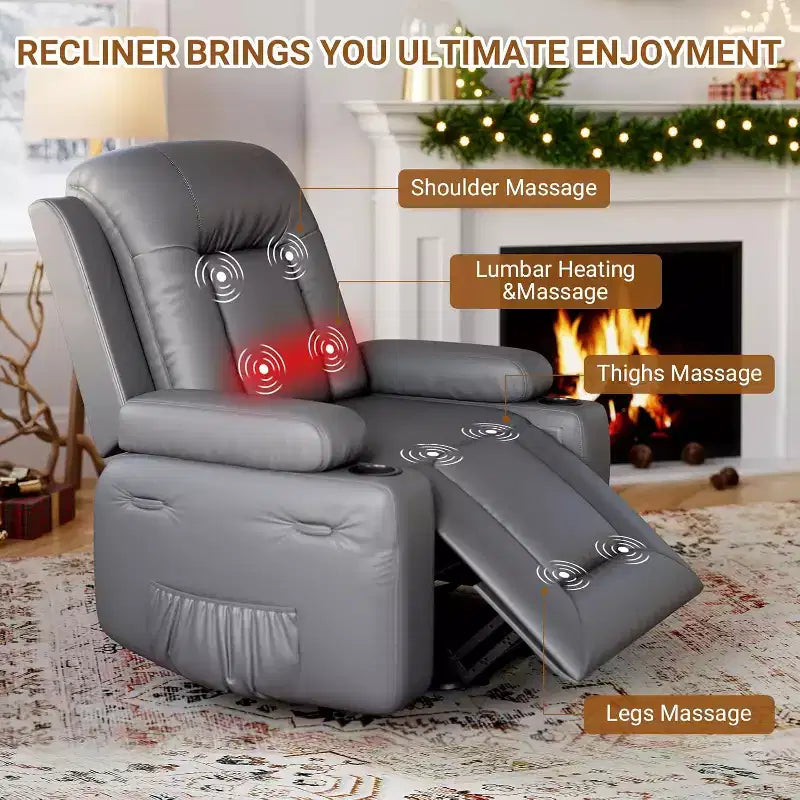 Fauteuil inclinable électrique surdimensionné avec fonction de levage - Chauffant et massant, en cuir PU, pour personnes âgées et à mobilité réduite