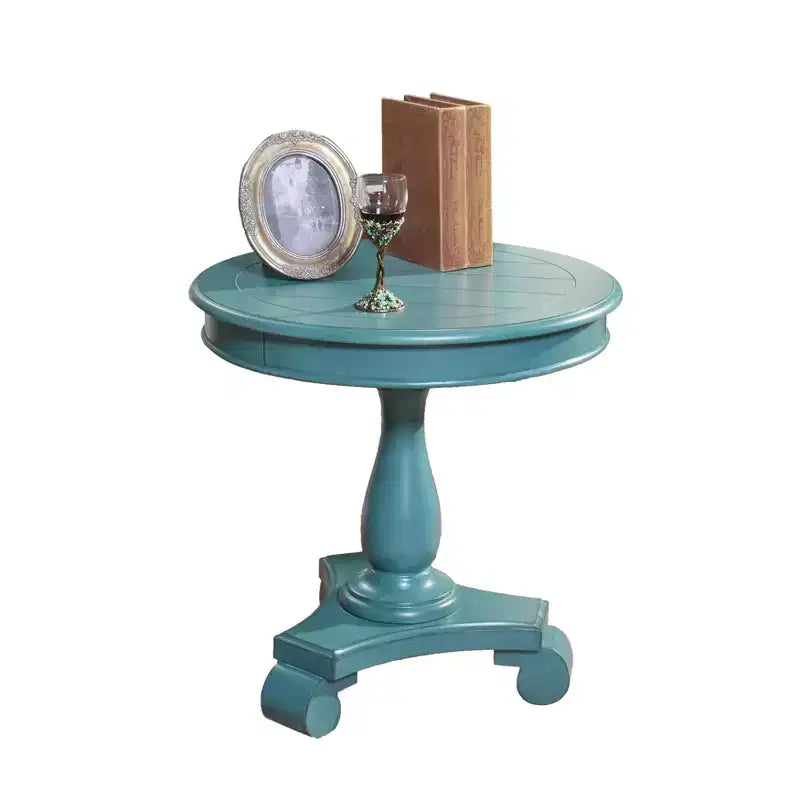 Table d'appoint piédestal en bois rond Rene, sarcelle