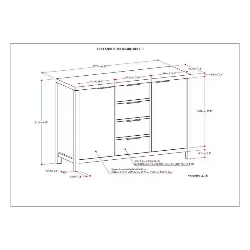 Bahut buffet de 137 cm avec 4 tiroirs et 2 portes