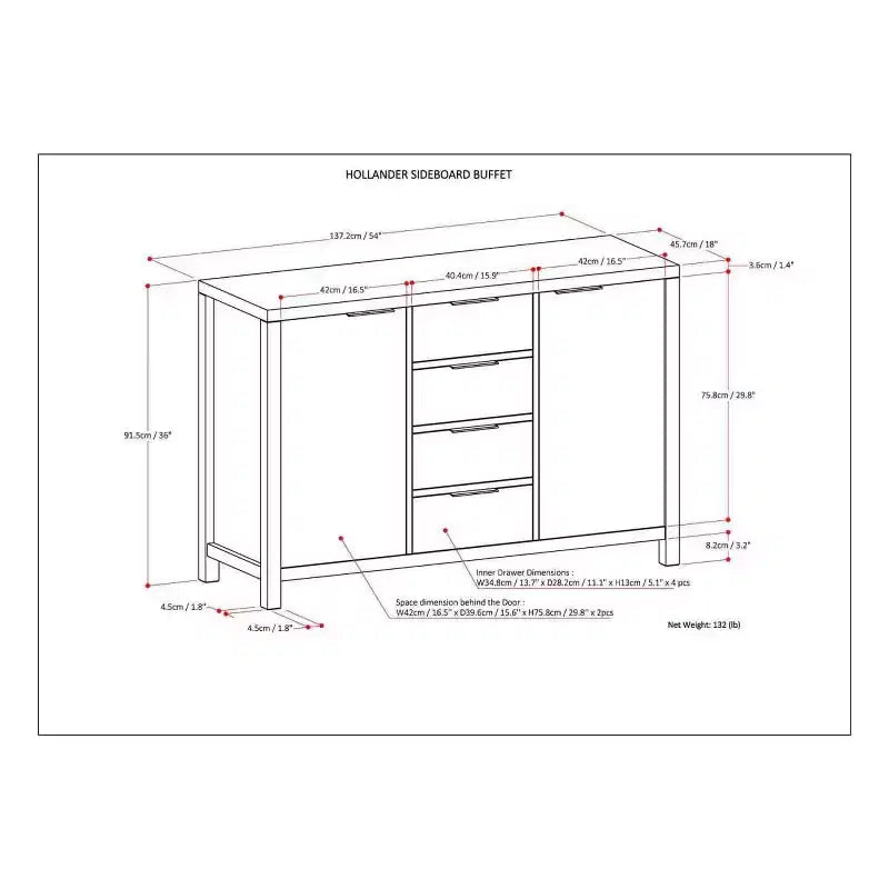 Bahut buffet de 137 cm avec 4 tiroirs et 2 portes